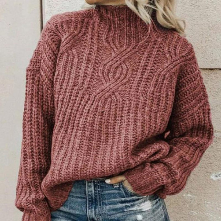 Women’s Cable Knit Jumper with Mock Neckline and Ribbed Cuffs