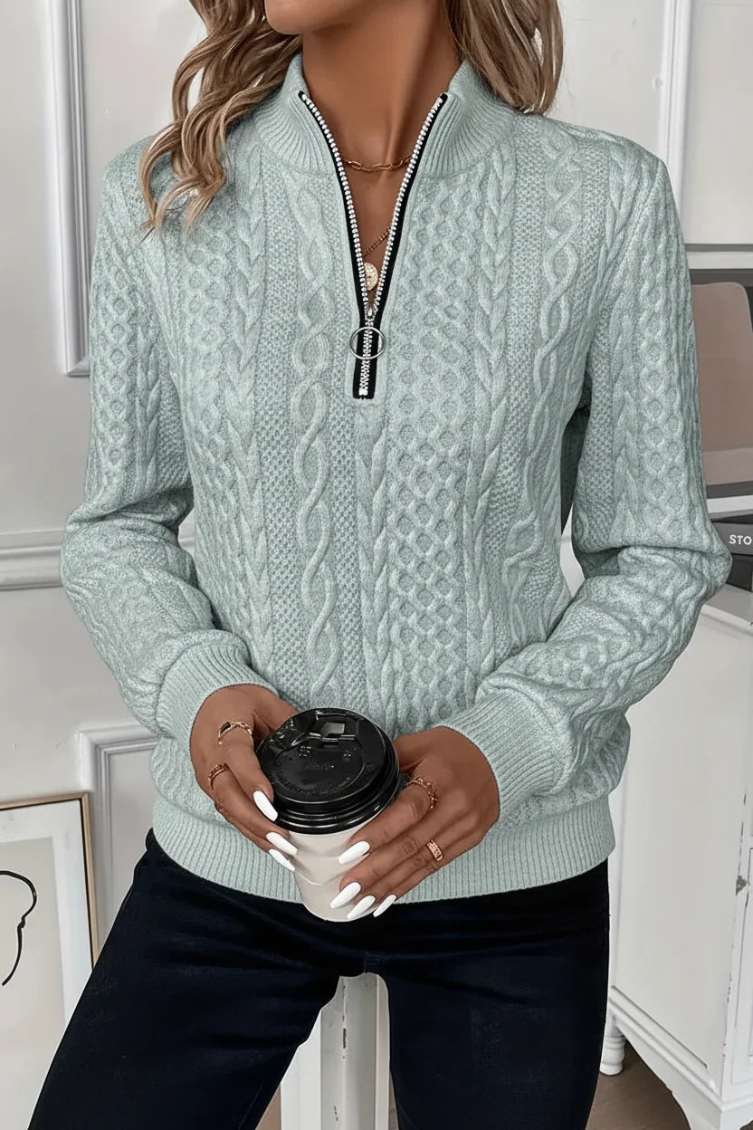 Women’s Cable Knit Jumper with Partial Zip and Long Sleeves