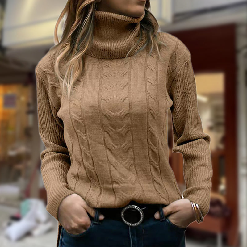 Women’s Cable Knit Jumper with Ribbed Roll Neck and Vertical Cable Panels
