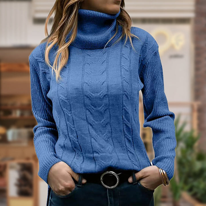 Women’s Cable Knit Jumper with Ribbed Roll Neck and Vertical Cable Panels