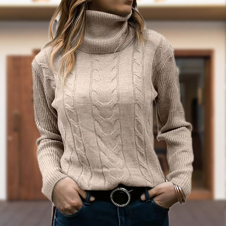 Women’s Cable Knit Jumper with Ribbed Roll Neck and Vertical Cable Panels