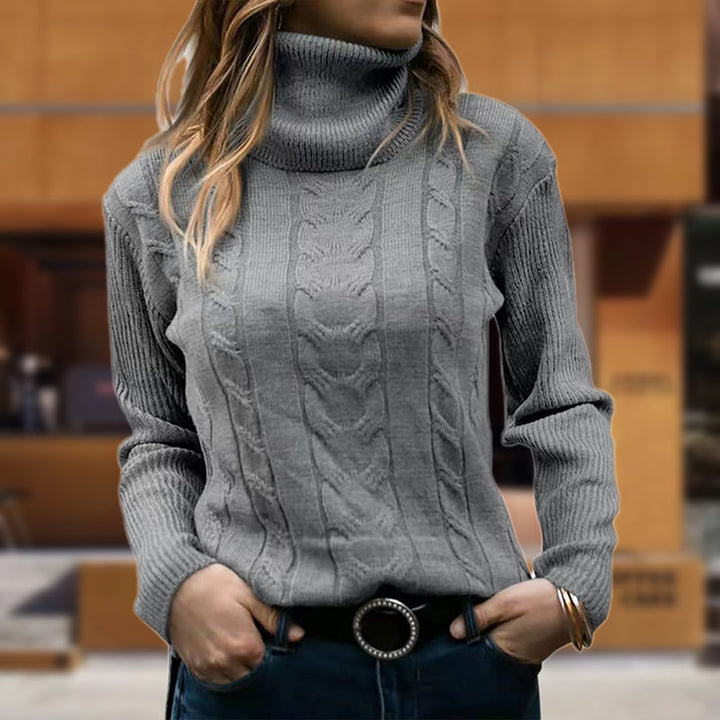 Women’s Cable Knit Jumper with Ribbed Roll Neck and Vertical Cable Panels