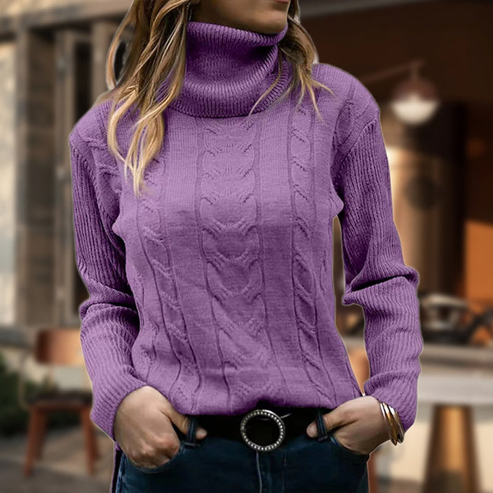 Women’s Cable Knit Jumper with Ribbed Roll Neck and Vertical Cable Panels