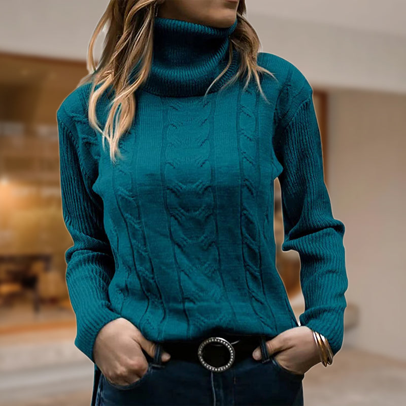Women’s Cable Knit Jumper with Ribbed Roll Neck and Vertical Cable Panels