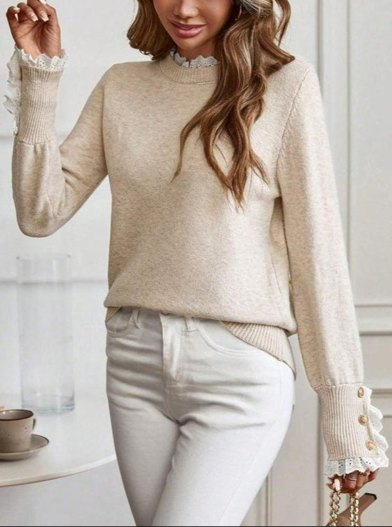Women’s Cable Knit Jumper with Ribbed Round Neck and Lace-Trimmed Button Cuffs
