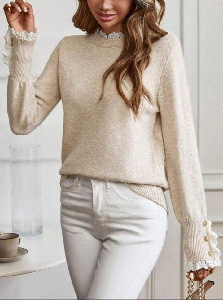 Women’s Cable Knit Jumper with Ribbed Round Neck and Lace-Trimmed Button Cuffs
