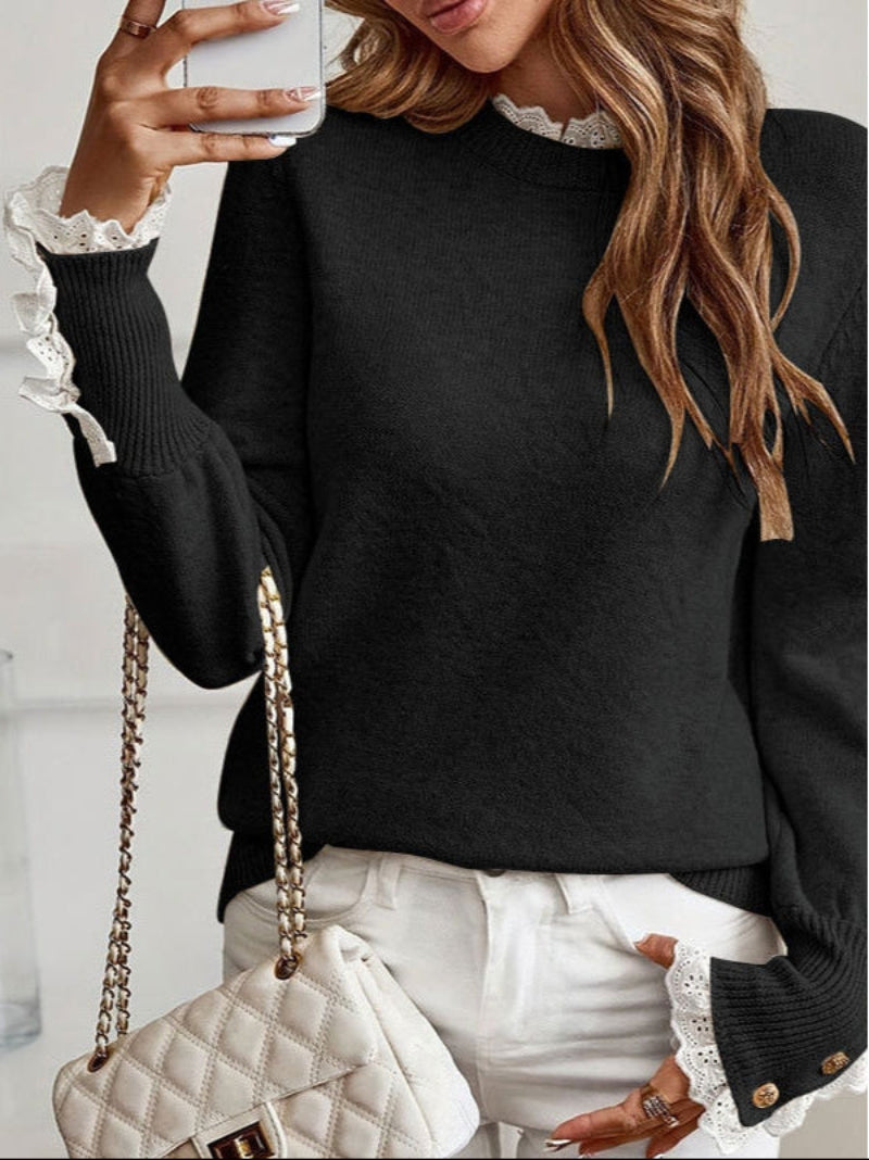 Women’s Cable Knit Jumper with Ribbed Round Neck and Lace-Trimmed Button Cuffs