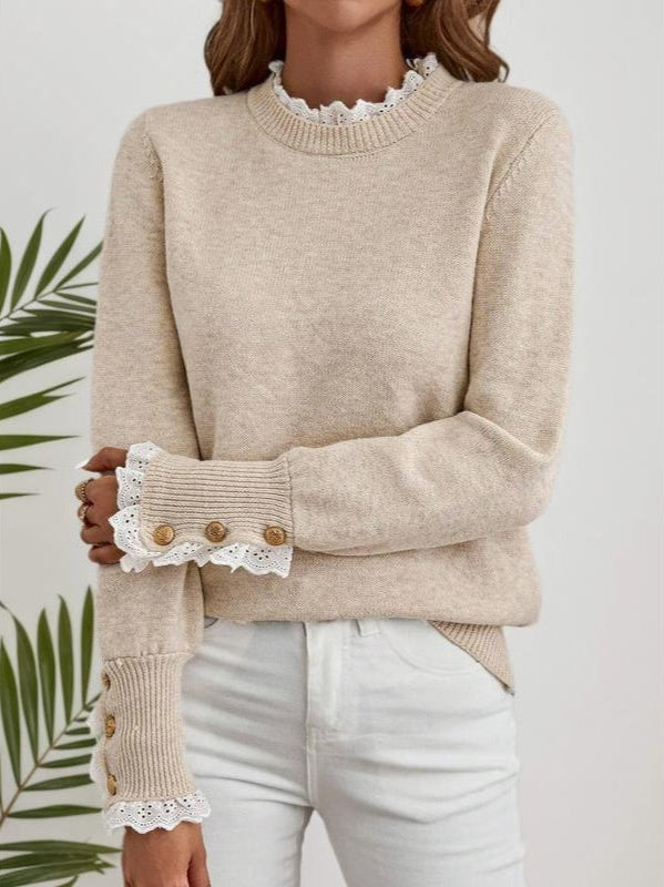 Women’s Cable Knit Jumper with Ribbed Round Neck and Lace-Trimmed Button Cuffs