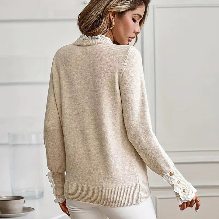 Women’s Cable Knit Jumper with Ribbed Round Neck and Lace-Trimmed Button Cuffs