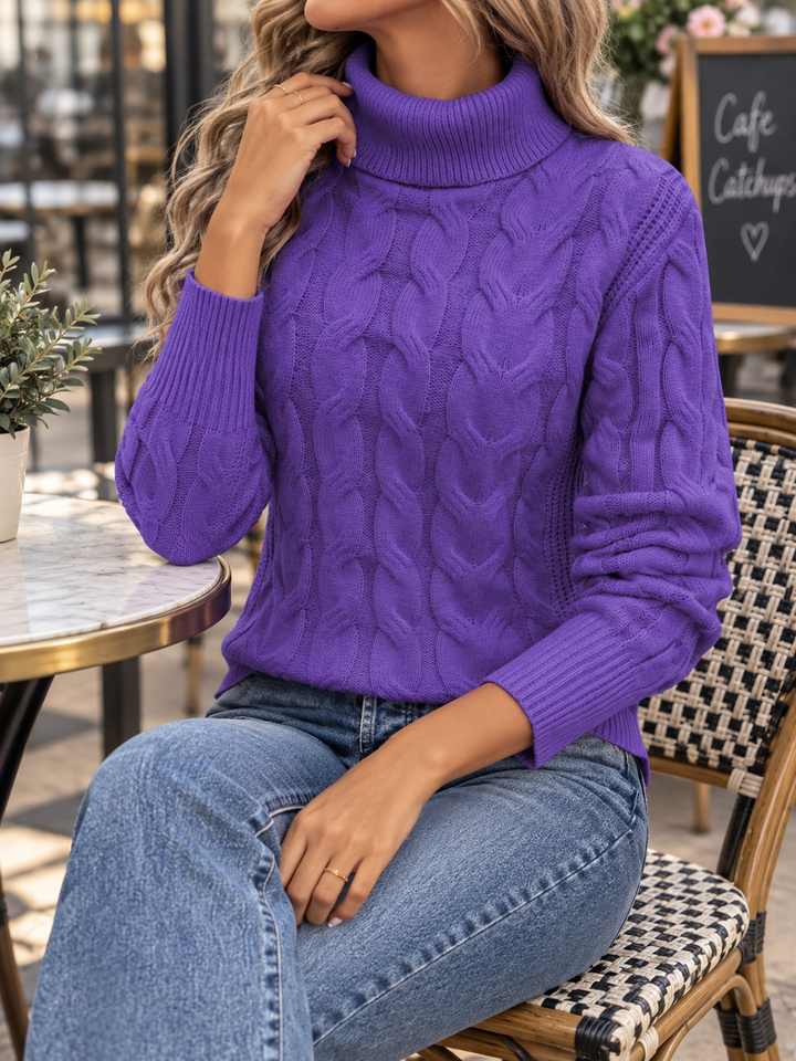 Women’s Cable Knit Jumper with Roll Neck and Ribbed Cuffs