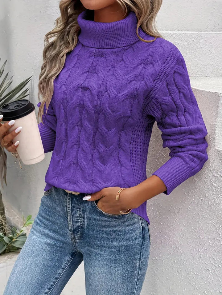 Women’s Cable Knit Jumper with Roll Neck and Ribbed Cuffs