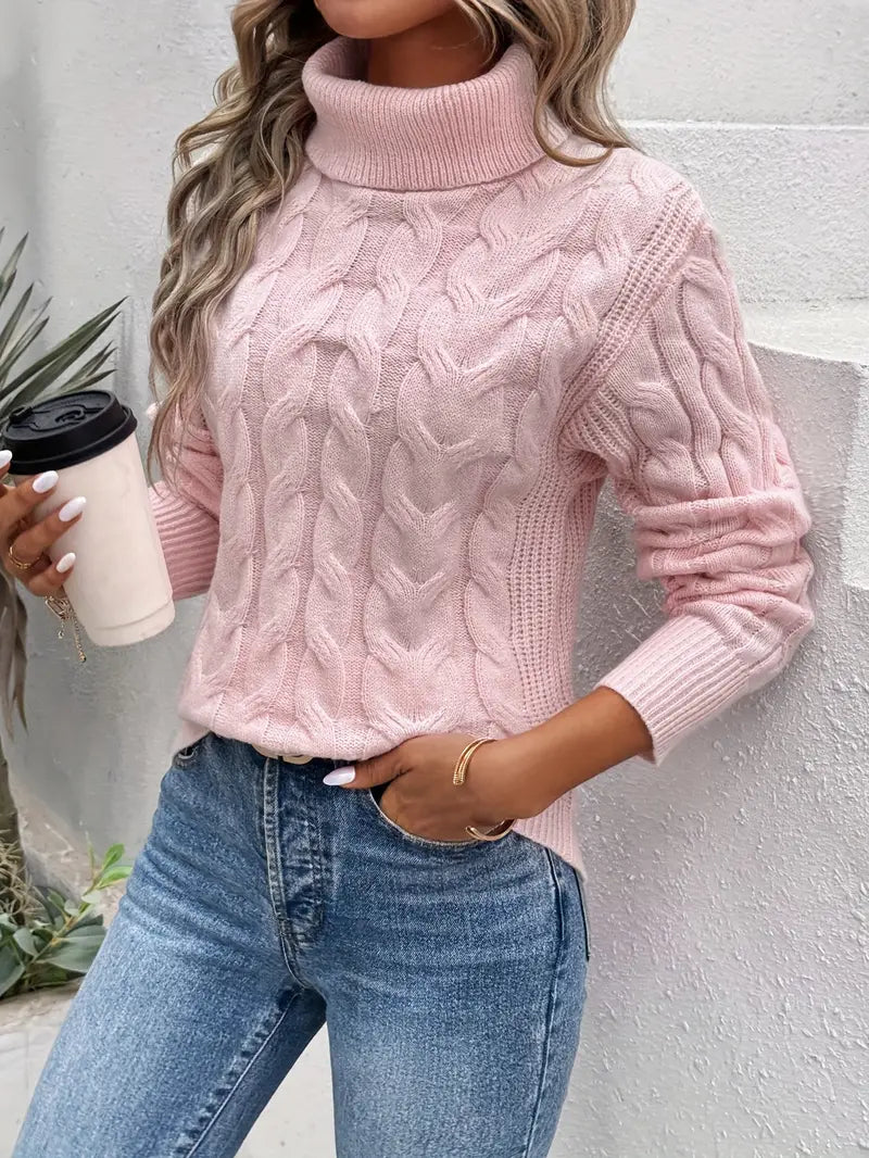 Women’s Cable Knit Jumper with Roll Neck and Ribbed Cuffs