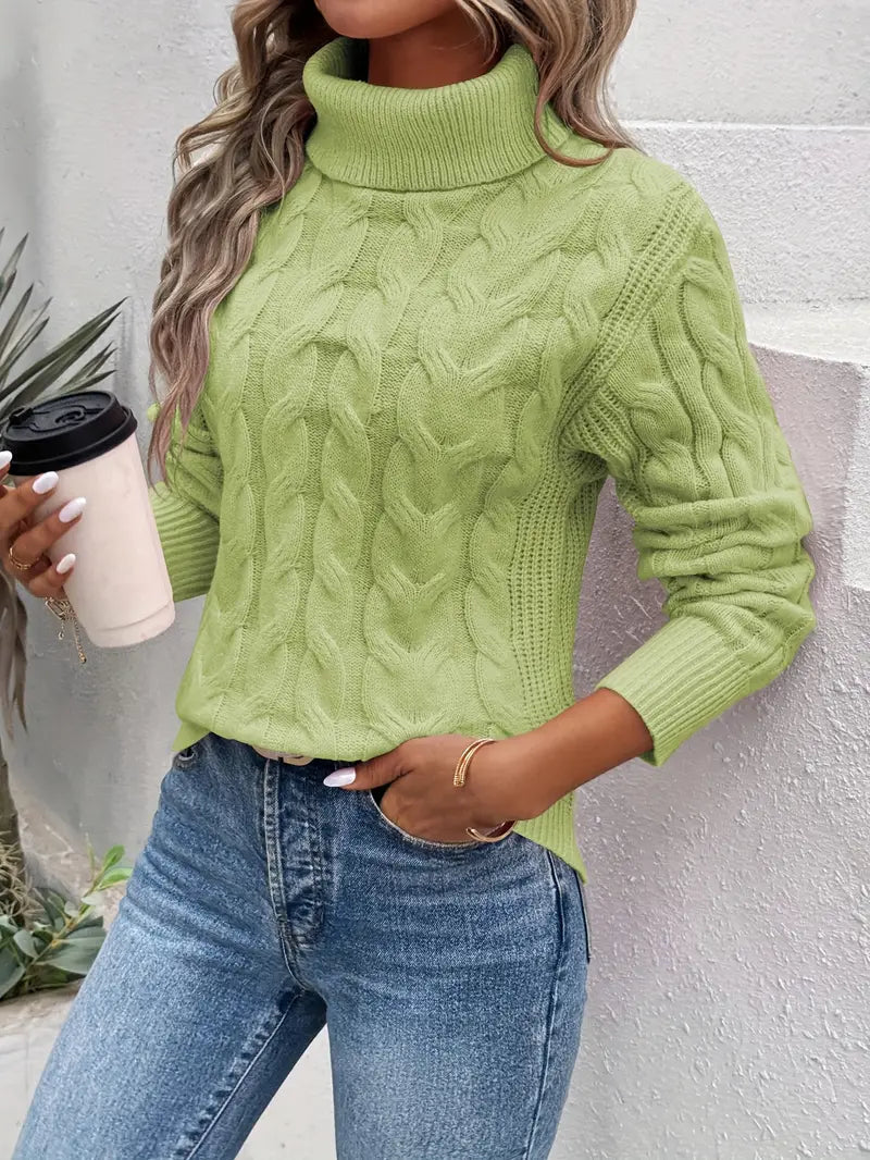 Women’s Cable Knit Jumper with Roll Neck and Ribbed Cuffs