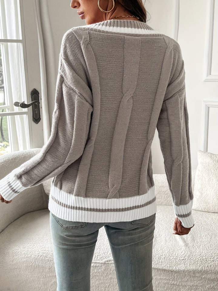 Women’s Cable Knit Jumper with V-Neckline and Contrast Ribbed Trim