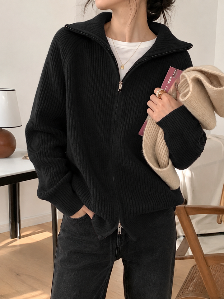 Women’s Cardigan with Fold-Over Collar and Zip Front