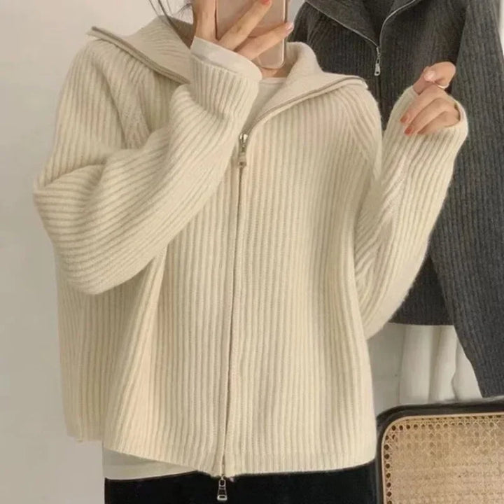 Women’s Cardigan with Fold-Over Collar and Zip Front