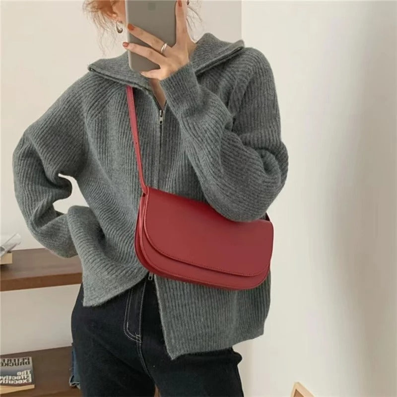 Women’s Cardigan with Fold-Over Collar and Zip Front