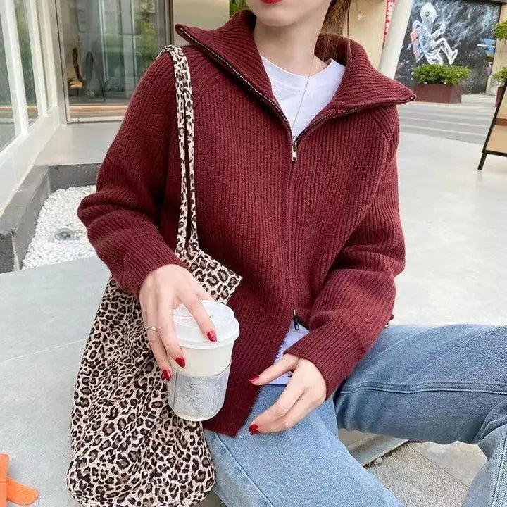 Women’s Cardigan with Fold-Over Collar and Zip Front