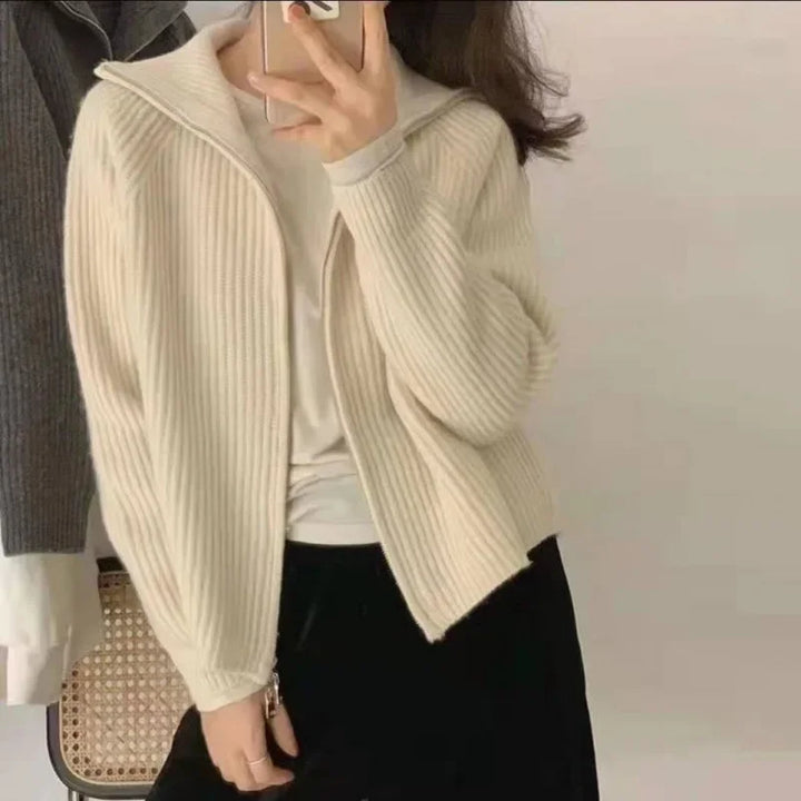 Women’s Cardigan with Fold-Over Collar and Zip Front