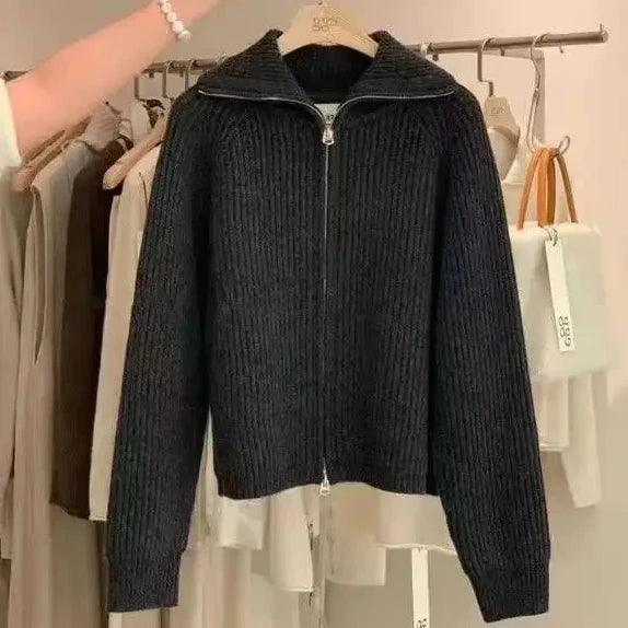 Women’s Cardigan with Fold-Over Collar and Zip Front