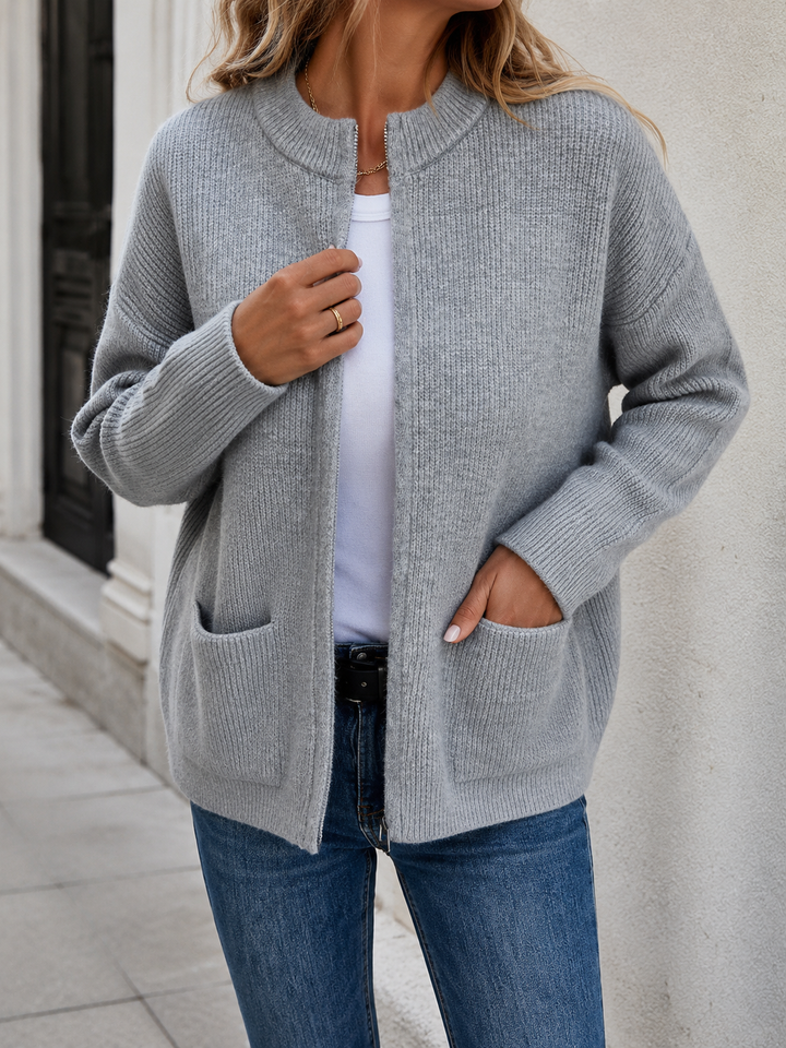 Women’s Cardigan with High Collar and Front Pockets