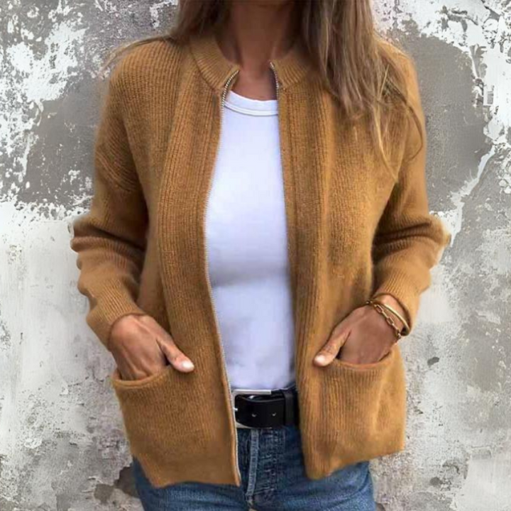 Women’s Cardigan with High Collar and Front Pockets