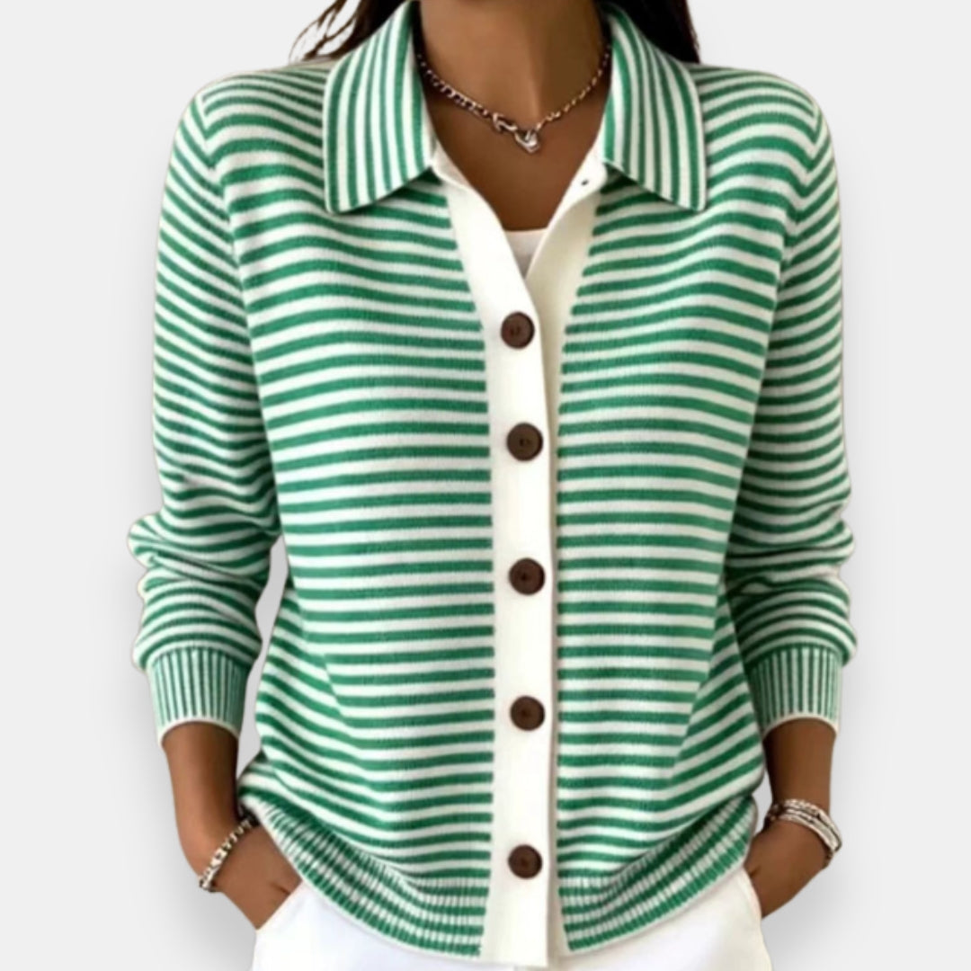 Front view showing shirt collar, striped body and button placket, green