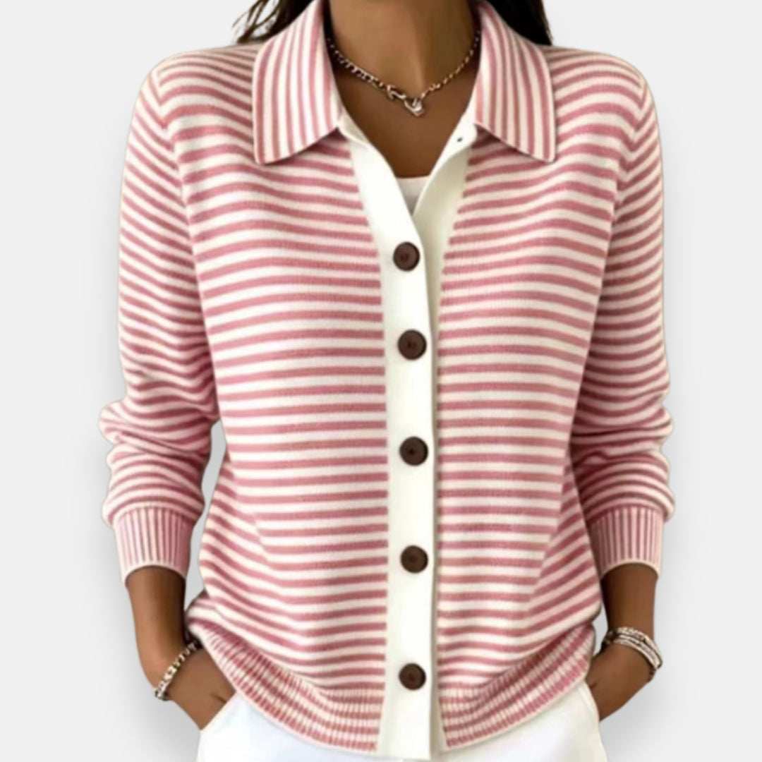 Front view showing shirt collar, striped body and button placket, pink