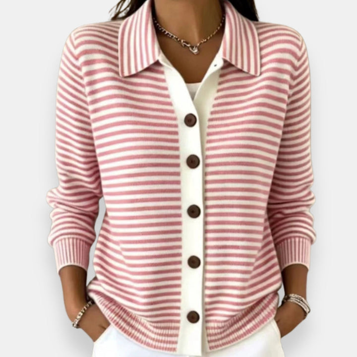 Front view showing shirt collar, striped body and button placket, pink