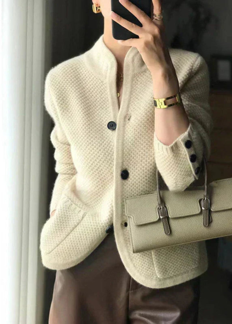 Women’s Cardigan with Stand Collar and Patch Pockets