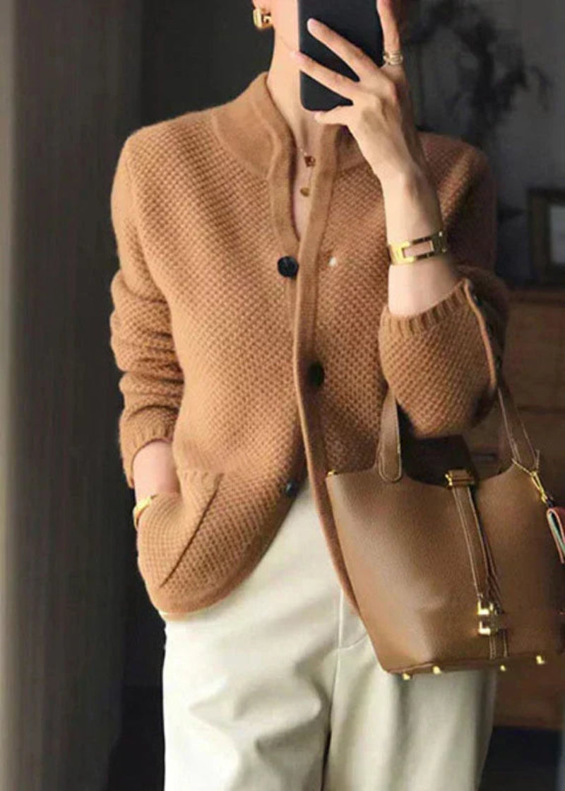 Women’s Cardigan with Stand Collar and Patch Pockets