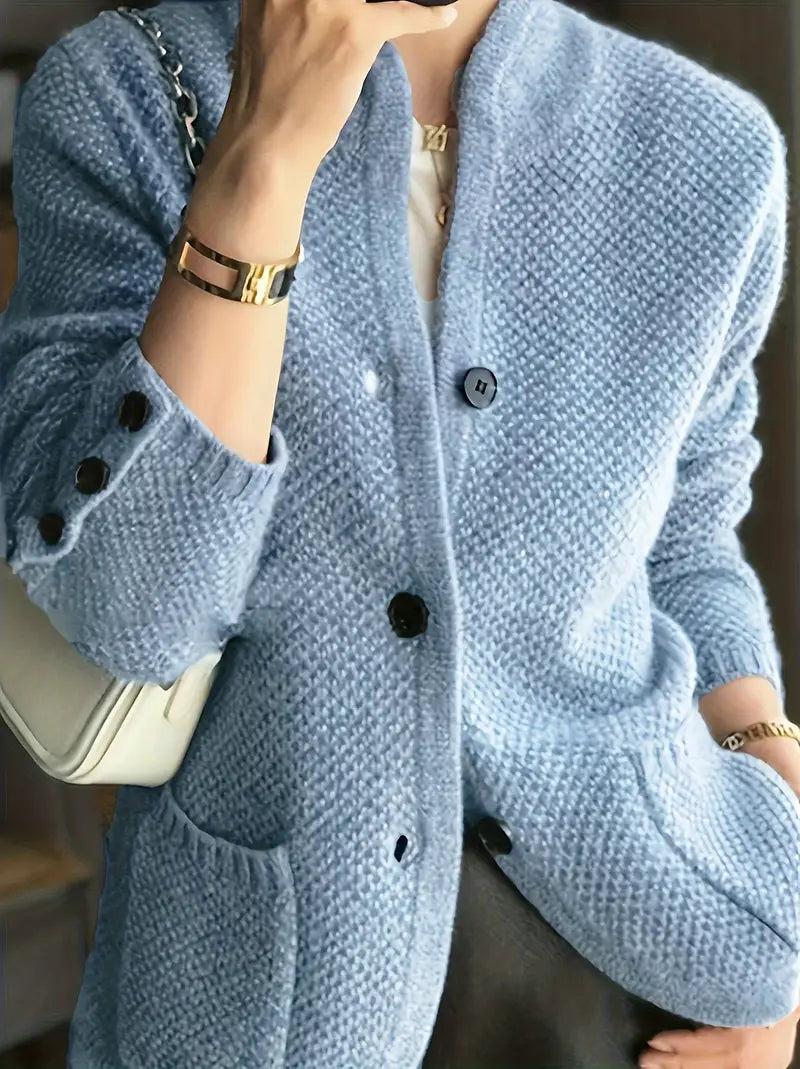 Women’s Cardigan with Stand Collar and Patch Pockets