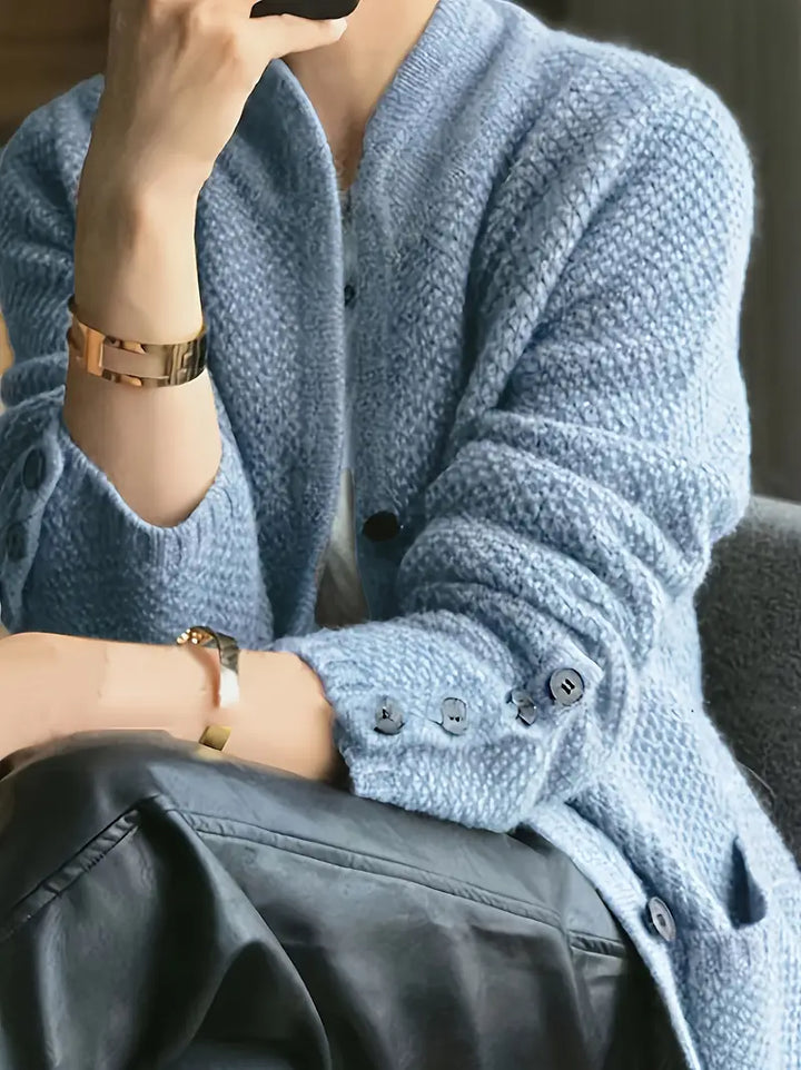 Women’s Cardigan with Stand Collar and Patch Pockets