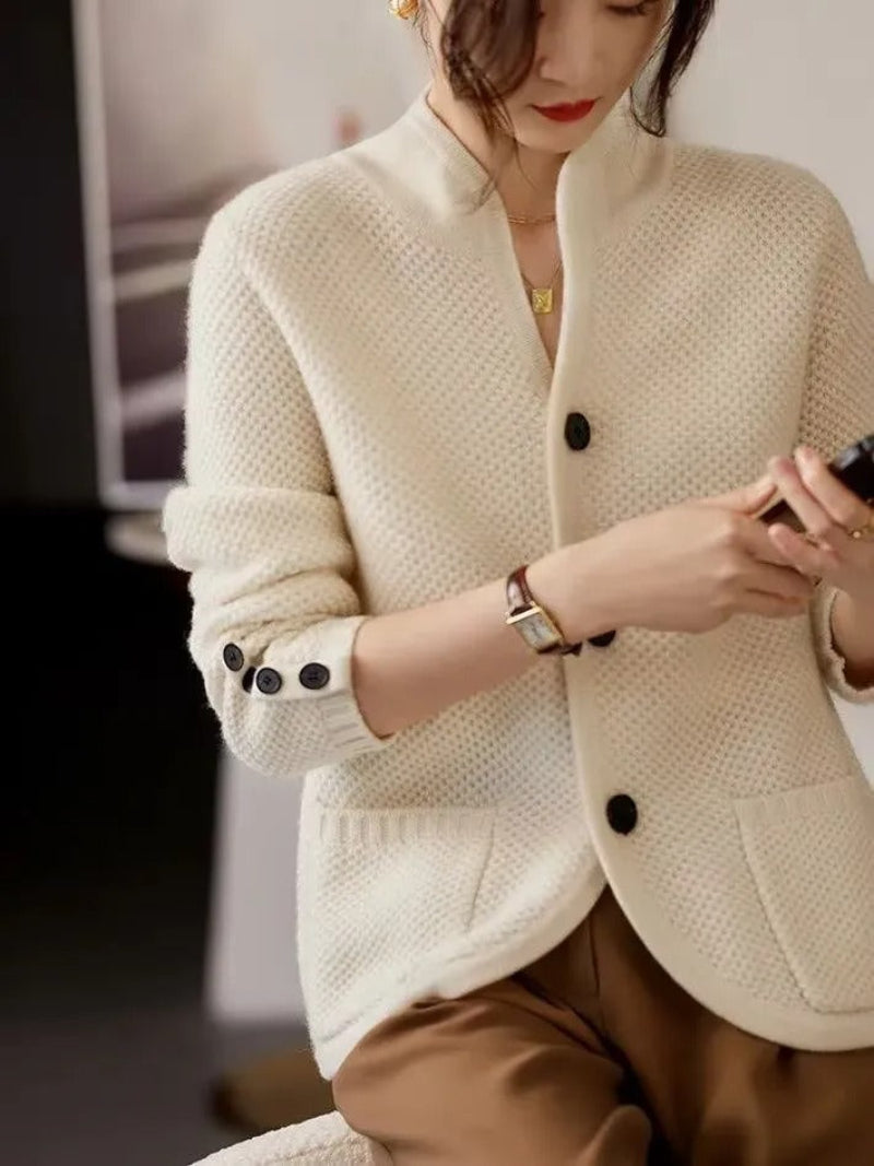 Women’s Cardigan with Stand Collar and Patch Pockets
