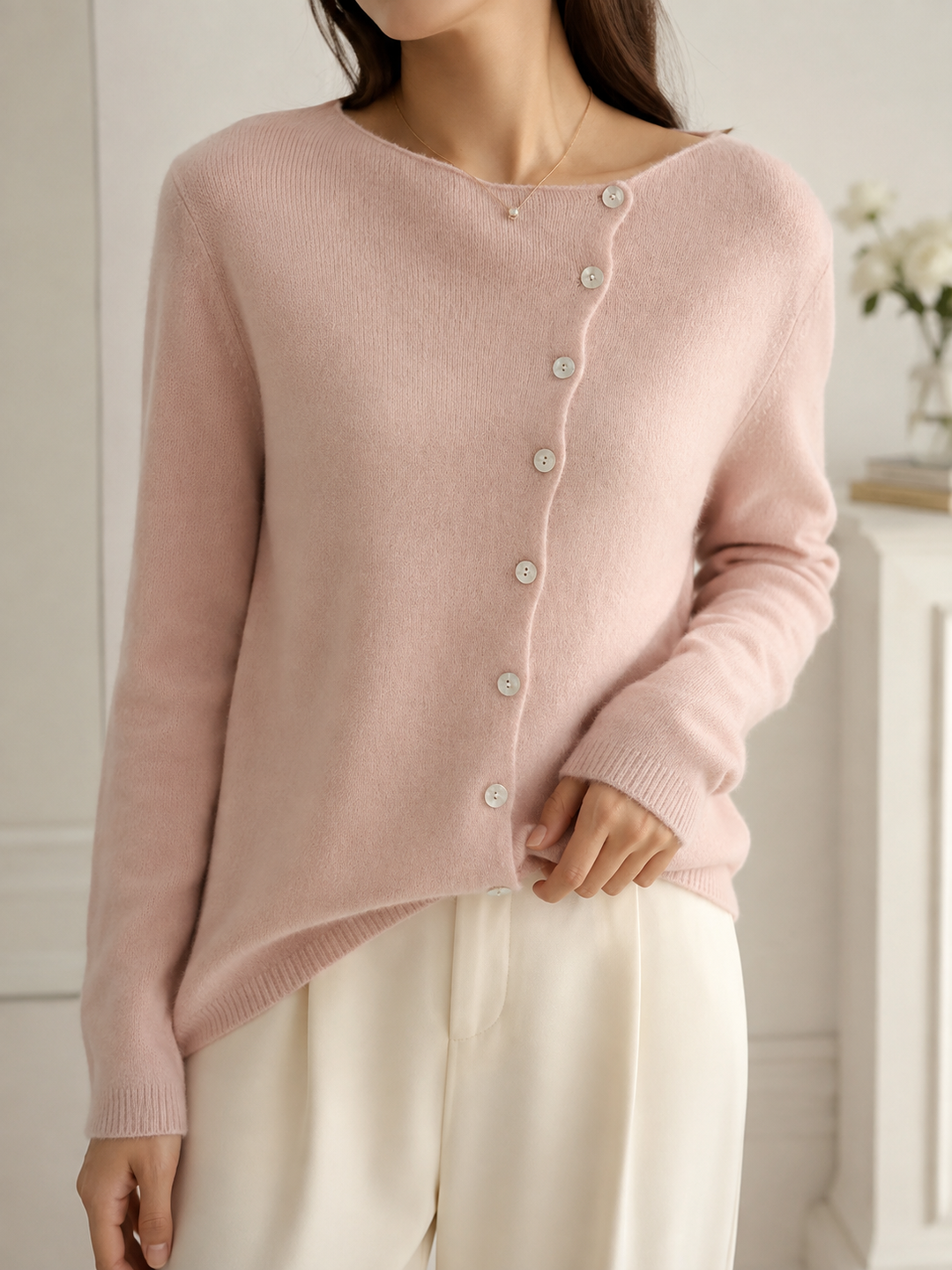 Women’s Cardigan with Wide Neckline and Asymmetrical Button Closure