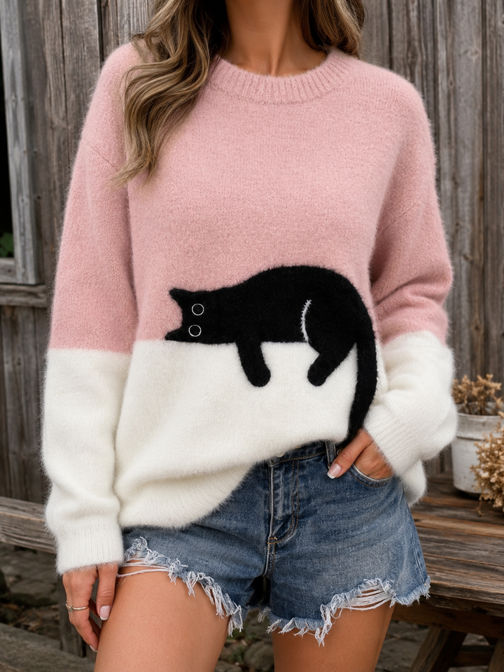 Women’s Cat Motif Jumper with Round Neckline and Ribbed Trim