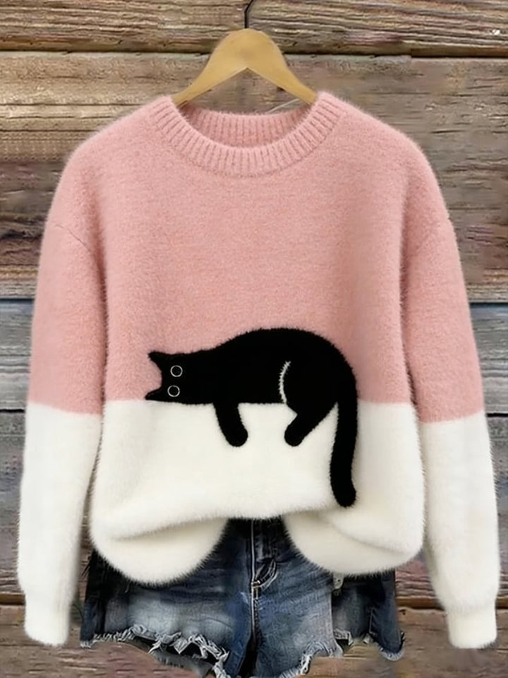 Women’s Cat Motif Jumper with Round Neckline and Ribbed Trim