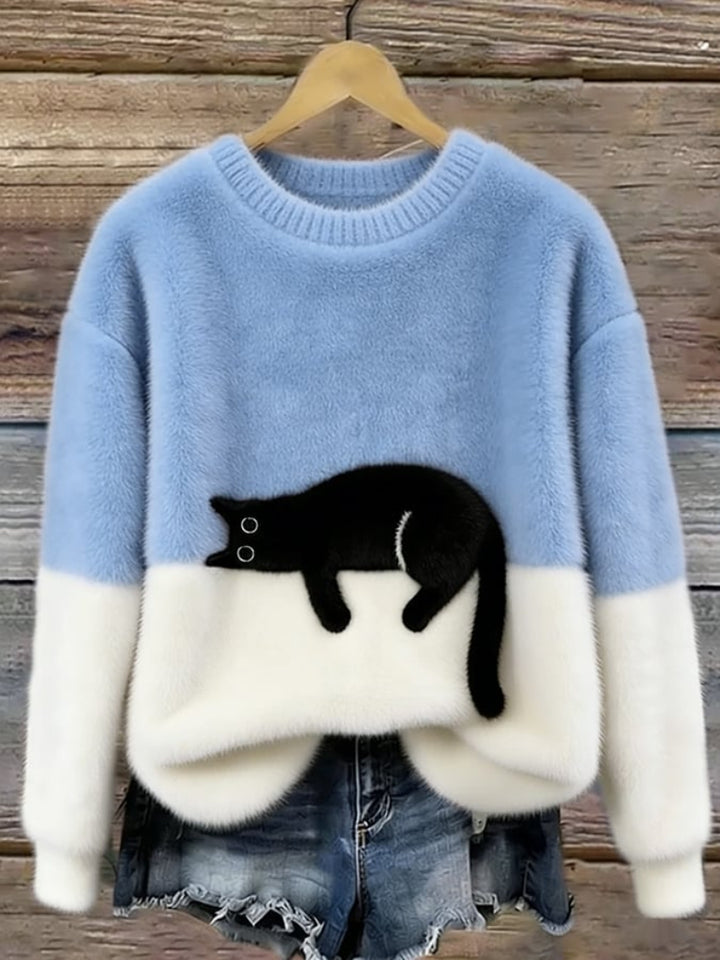 Women’s Cat Motif Jumper with Round Neckline and Ribbed Trim