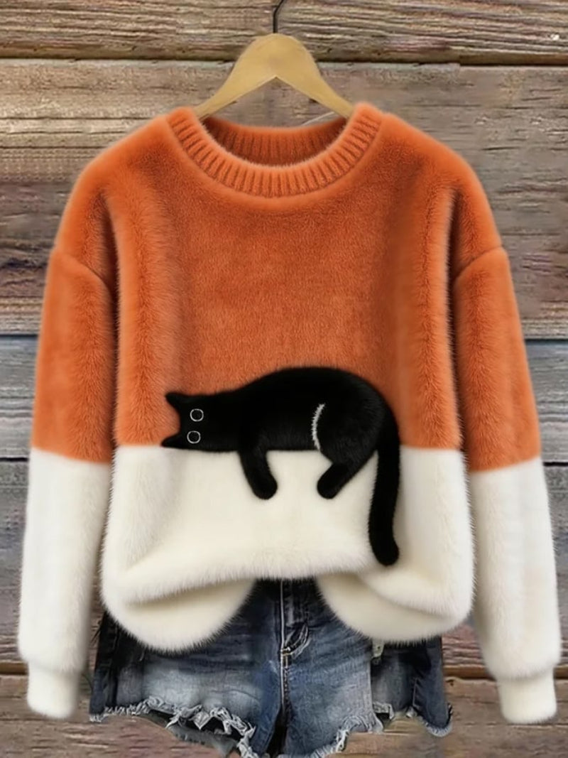 Women’s Cat Motif Jumper with Round Neckline and Ribbed Trim