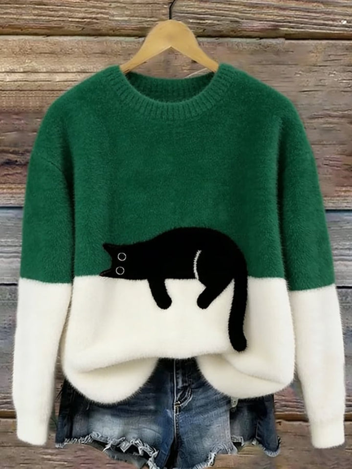 Women’s Cat Motif Jumper with Round Neckline and Ribbed Trim