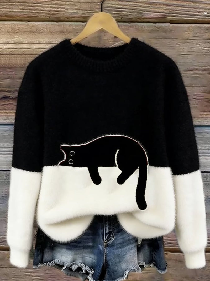 Women’s Cat Motif Jumper with Round Neckline and Ribbed Trim