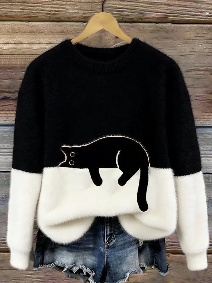 Women’s Cat Motif Jumper with Round Neckline and Ribbed Trim