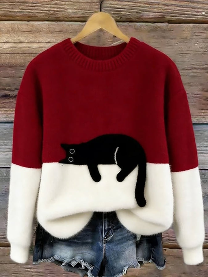 Women’s Cat Motif Jumper with Round Neckline and Ribbed Trim