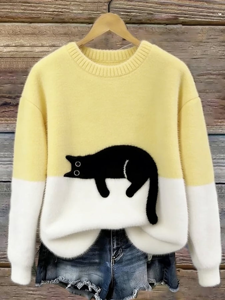 Women’s Cat Motif Jumper with Round Neckline and Ribbed Trim