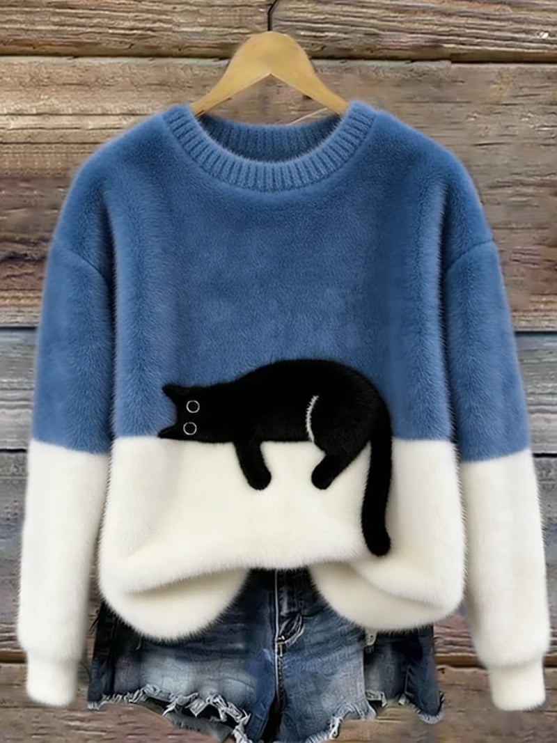 Women’s Cat Motif Jumper with Round Neckline and Ribbed Trim