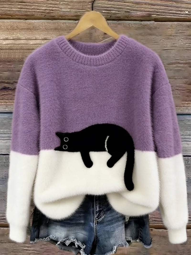Women’s Cat Motif Jumper with Round Neckline and Ribbed Trim