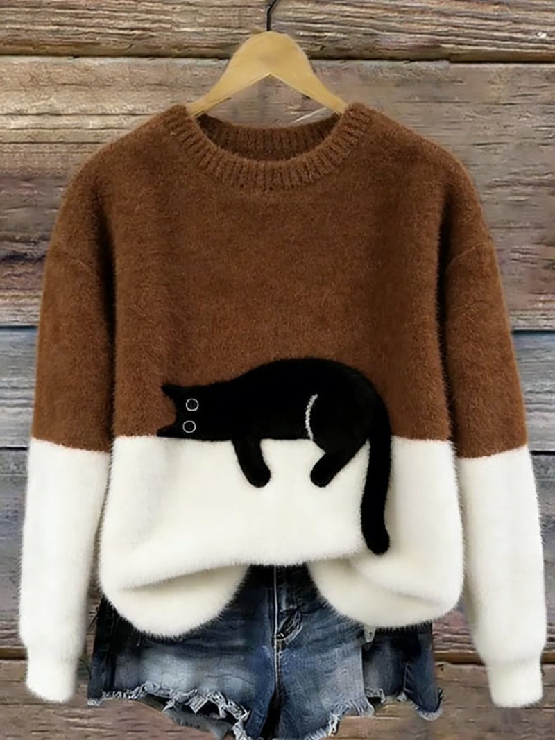 Women’s Cat Motif Jumper with Round Neckline and Ribbed Trim