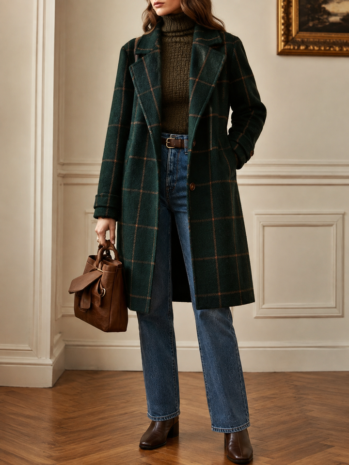 Women’s Coat with Notched Lapel and Windowpane Pattern