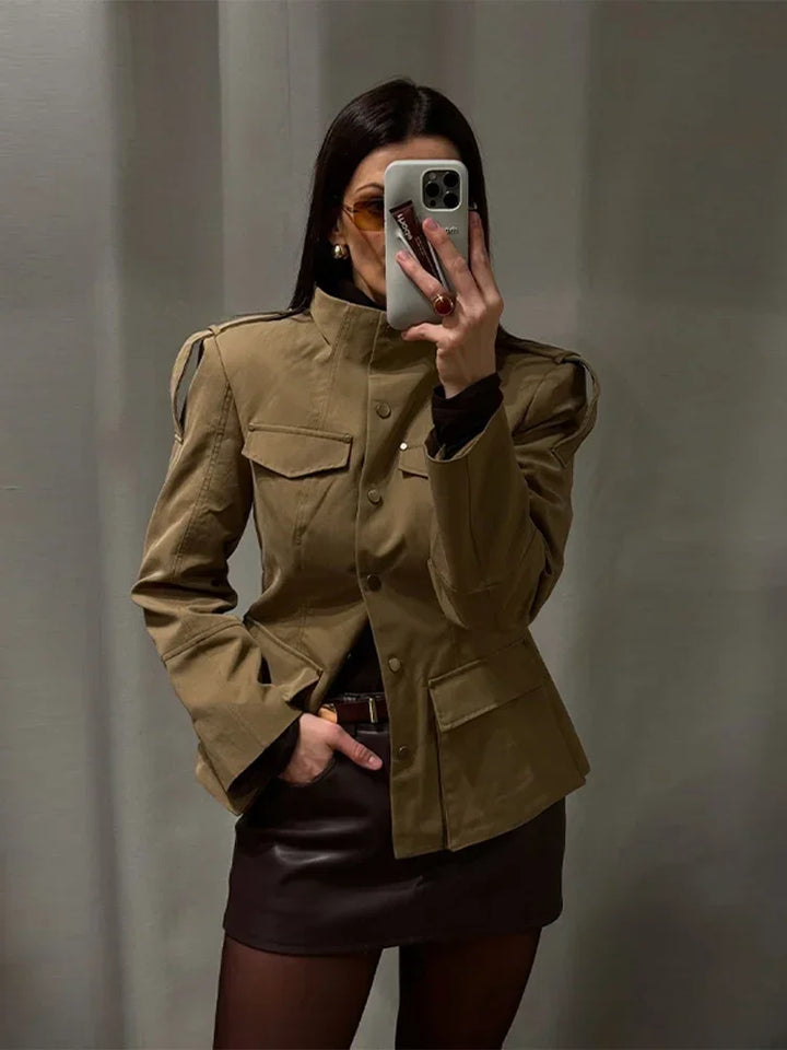 Women’s Coat with Stand Collar and Flap Pockets