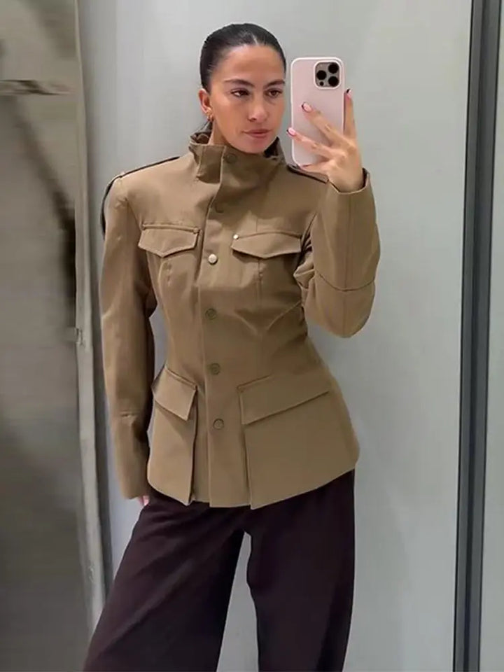 Women’s Coat with Stand Collar and Flap Pockets